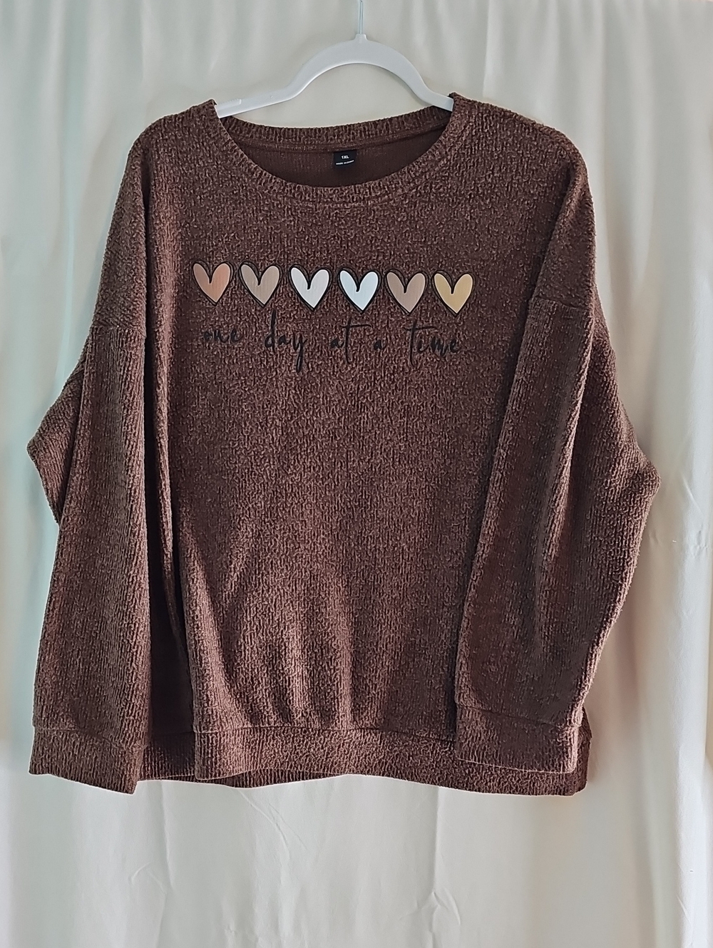 Cozy Brown Heart-Print "One Day At A Time" Women’s Pullover
